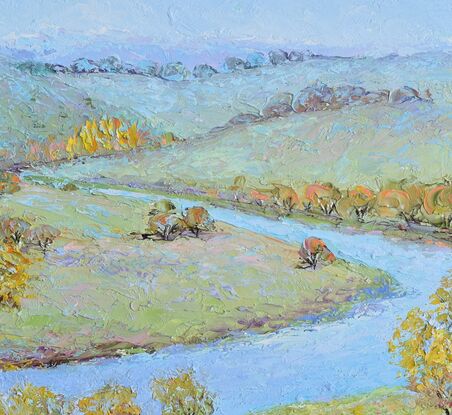 A thick textured oil painting of a winding river flowing through New South Wales countryside in autumn. There are distant blue hills in the background.