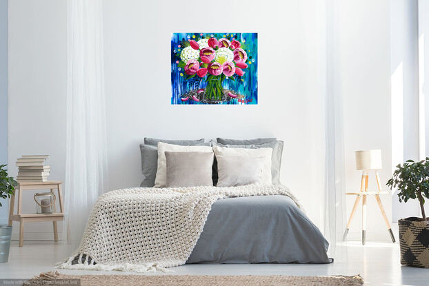 Peonies, Tulips, Hydreangas in Glass Vase, abstract background, Acrylic on canvas