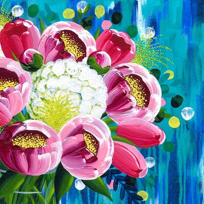 Peonies, Tulips, Hydreangas in Glass Vase, abstract background, Acrylic on canvas