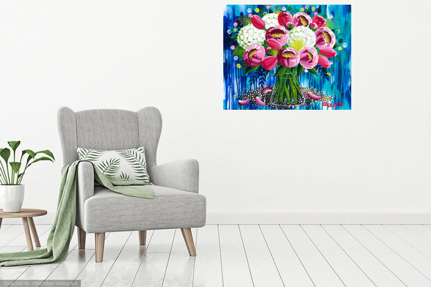 Peonies, Tulips, Hydreangas in Glass Vase, abstract background, Acrylic on canvas