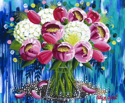 Peonies, Tulips, Hydreangas in Glass Vase, abstract background, Acrylic on canvas