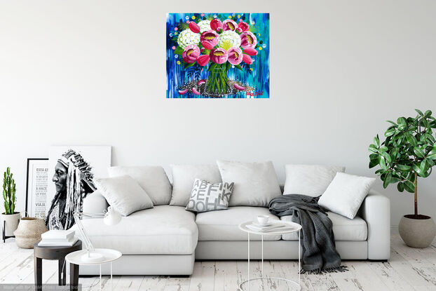 Peonies, Tulips, Hydreangas in Glass Vase, abstract background, Acrylic on canvas