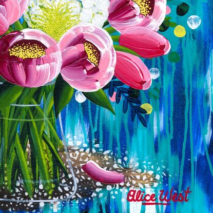 Peonies, Tulips, Hydreangas in Glass Vase, abstract background, Acrylic on canvas