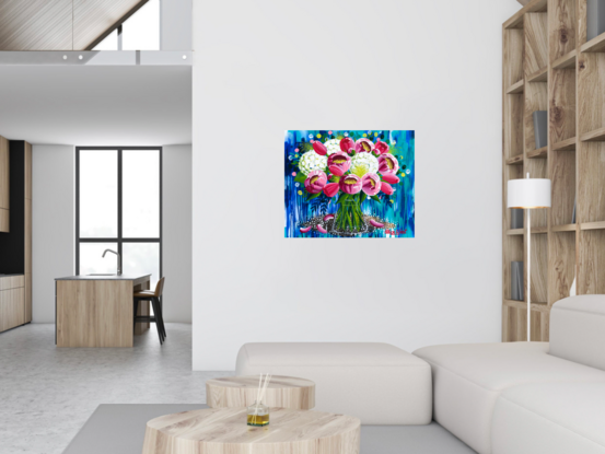 Peonies, Tulips, Hydreangas in Glass Vase, abstract background, Acrylic on canvas