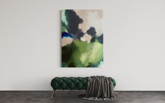 The artwork features a dynamic blend of colours with shades of green, blue, and lavender/grey. The brushstrokes create a textured, layered effect, evoking the sense of an echoing forest. The painting is an acrylic on canvas, showcasing a harmonious interplay of light and shadow through abstract forms.