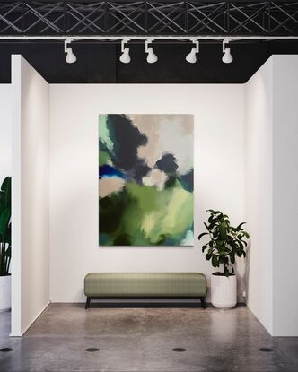 The artwork features a dynamic blend of colours with shades of green, blue, and lavender/grey. The brushstrokes create a textured, layered effect, evoking the sense of an echoing forest. The painting is an acrylic on canvas, showcasing a harmonious interplay of light and shadow through abstract forms.