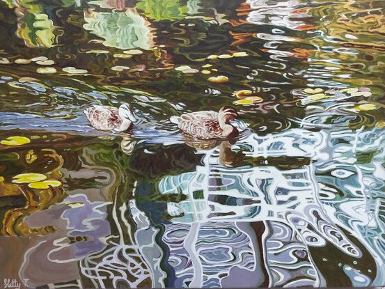 Two ducks swimming towards complex reflections on the water 