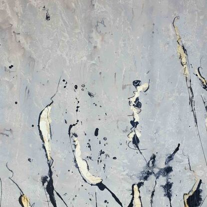 A large abstract painting of the Australian indigenous plants and wild grass in pale grey, brown, gold and beige