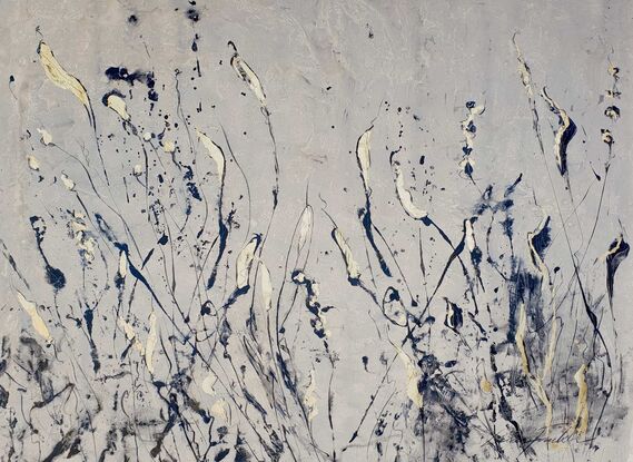 A large abstract painting of the Australian indigenous plants and wild grass in pale grey, brown, gold and beige