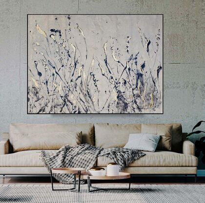 A large abstract painting of the Australian indigenous plants and wild grass in pale grey, brown, gold and beige