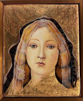 A medieval technique used for icon work, I workshopped in Italy. Rabbit skin glue gesso is applied in many layers to seasoned timber panel; more layers of Armenian red earth bole; then water-gilded 23kt gold leaf, burnished and tooled; painted with egg tempera; then sealed with epoxy resin to protect delicate surface. This Madonna is referenced from Botticelli's 15th century work.