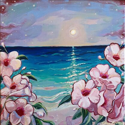 An acrylic painting of the ocean at night with the full moon and starry sky. Featuring pink Jasmine flowers.