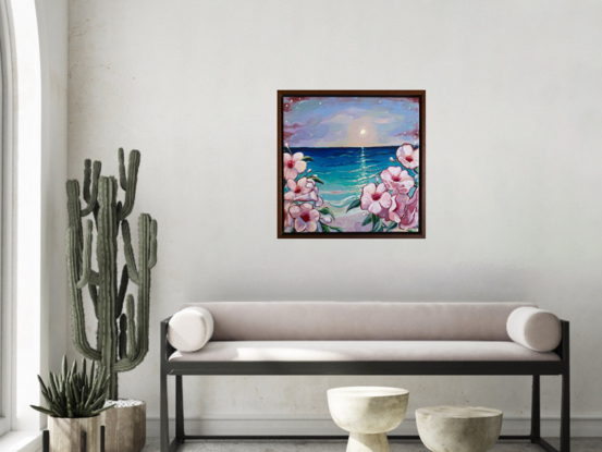 An acrylic painting of the ocean at night with the full moon and starry sky. Featuring pink Jasmine flowers.