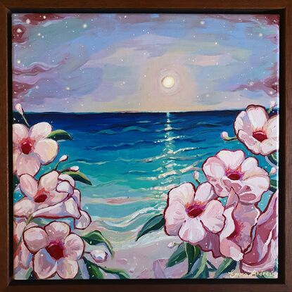 An acrylic painting of the ocean at night with the full moon and starry sky. Featuring pink Jasmine flowers.