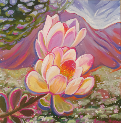 A vibrant painting featuring beautiful cream and pink leucadendron flowers in a meadow in full bloom with mountains in the background and wispy clouds.  