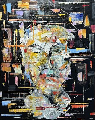 Various patches of colours and tones across the surface. Textured portrait in centre. Thick paint/impasto. Abstract shapes.