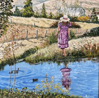 Woman at pond in country.  Farmhouse in background. Ducks in water. Reflections. Paddocks of dry meadow.