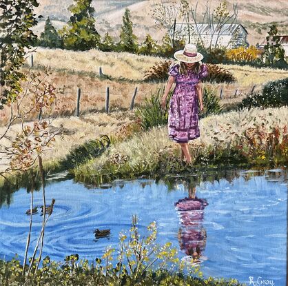 Woman at pond in country.  Farmhouse in background. Ducks in water. Reflections. Paddocks of dry meadow.