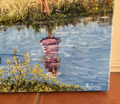 Woman at pond in country.  Farmhouse in background. Ducks in water. Reflections. Paddocks of dry meadow.