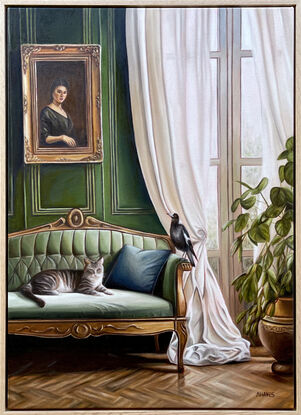 vintage interior featuring a cat and a magpie