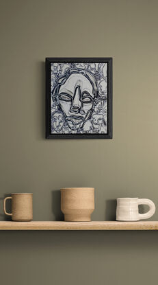 a small collectable monochromatic abstract expressionist painting of portraits created in layers of textured black and white acrylic paint. framed and ready to hang.