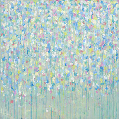 soft pastel colours of pink. blue, yellow and white dripping down the canvas.