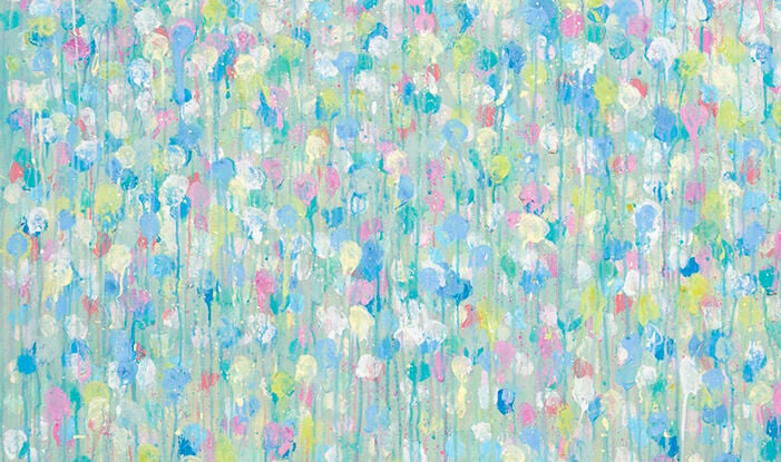 soft pastel colours of pink. blue, yellow and white dripping down the canvas.