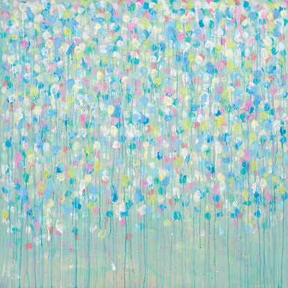 soft pastel colours of pink. blue, yellow and white dripping down the canvas.