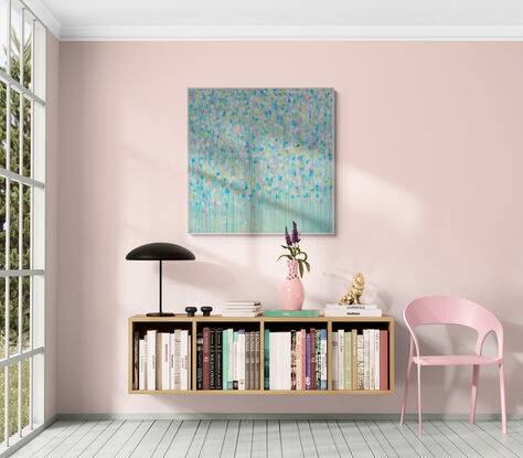 soft pastel colours of pink. blue, yellow and white dripping down the canvas.