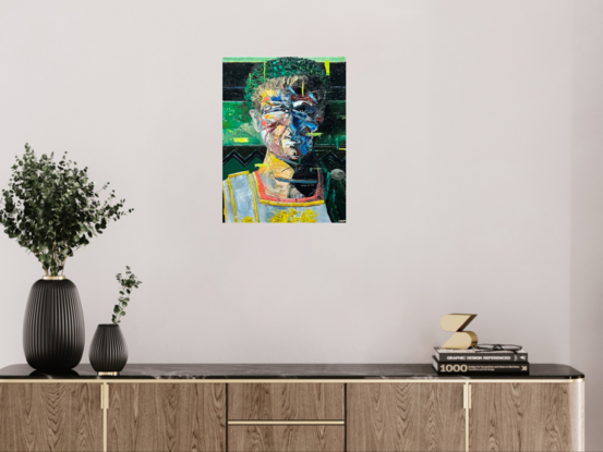 Strange, expressionist and textured portrait. Green and black background.