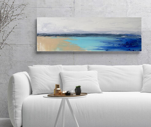 abstract beachscape in coastal  colours  of sand, blue water and sky blue