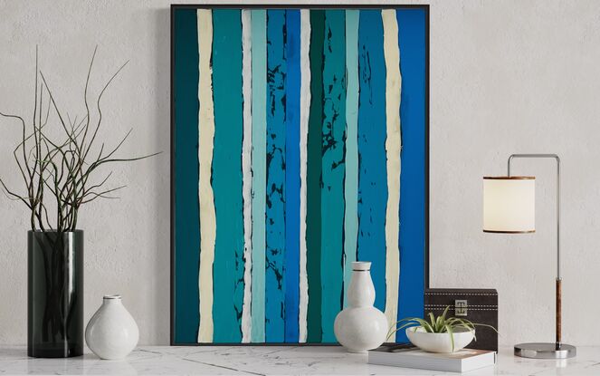 This painting embodies loose, fluid stripes in vivid shades of blues, greens, and touches of shimmer on a black background, creating a stunning abstract piece.