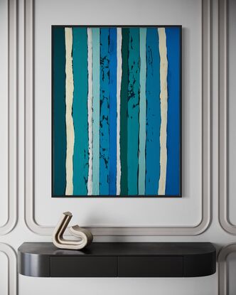 This painting embodies loose, fluid stripes in vivid shades of blues, greens, and touches of shimmer on a black background, creating a stunning abstract piece.