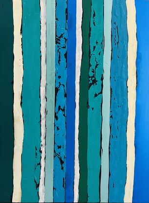 This painting embodies loose, fluid stripes in vivid shades of blues, greens, and touches of shimmer on a black background, creating a stunning abstract piece.