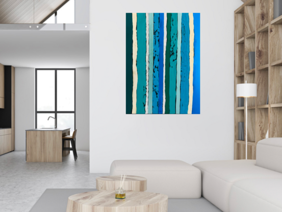 This painting embodies loose, fluid stripes in vivid shades of blues, greens, and touches of shimmer on a black background, creating a stunning abstract piece.