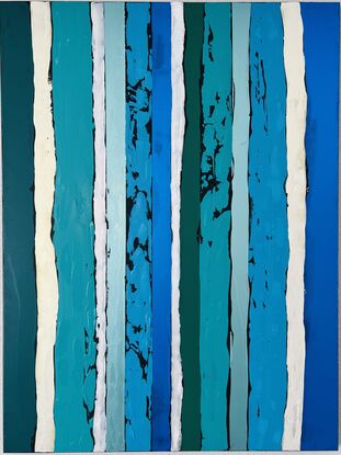 This painting embodies loose, fluid stripes in vivid shades of blues, greens, and touches of shimmer on a black background, creating a stunning abstract piece.