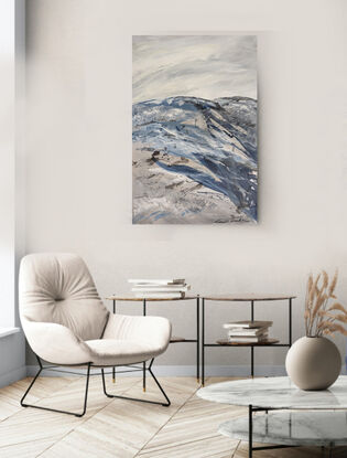 A large abstract landscape of the Victorian Alpine region in mixed media in dark navy blue, cream, beige and grey.