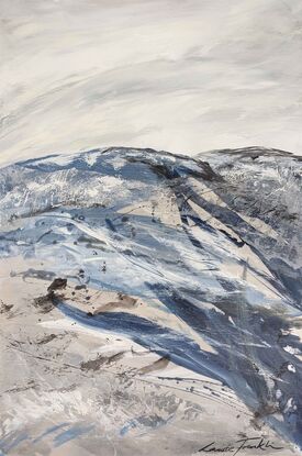 A large abstract landscape of the Victorian Alpine region in mixed media in dark navy blue, cream, beige and grey.