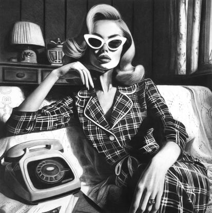 High contrast portrait of a beautiful 1950s woman in pyjamas sitting on a midcentury sofa with a phone beside her.