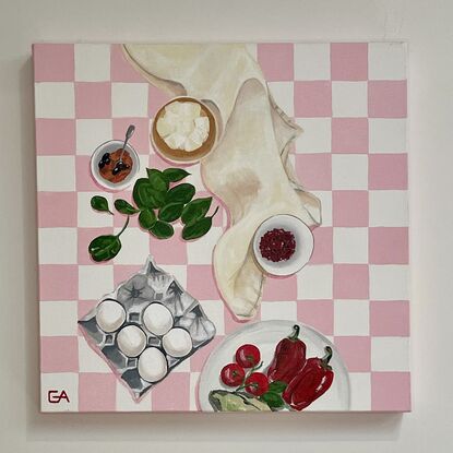 food preparation on a checkerboard table cloth