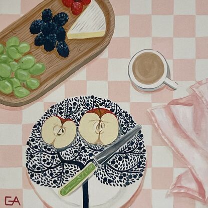 afternoon snack on pink and white tablecloth