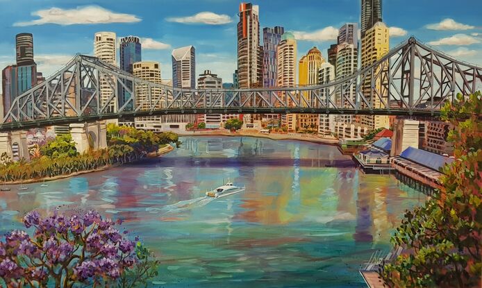 Brisbane City skyline behind the Story Bridge, blue water of Brisbane river, jacaranda trees flowering, City Cat boat, skyscrapers