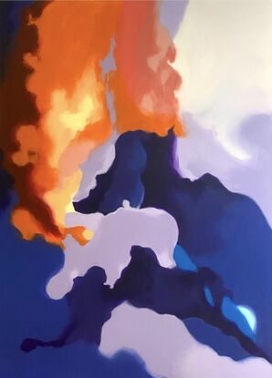 The artwork features dynamic, sweeping strokes of deep blues and purples, contrasted with vibrant oranges and yellows. The colors blend and clash, evoking the chaotic and harmonious forces of a storm. 