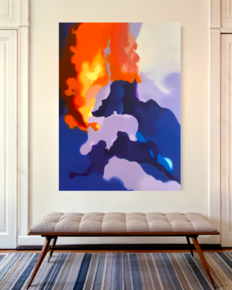 The artwork features dynamic, sweeping strokes of deep blues and purples, contrasted with vibrant oranges and yellows. The colors blend and clash, evoking the chaotic and harmonious forces of a storm. 