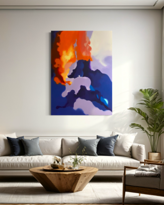 The artwork features dynamic, sweeping strokes of deep blues and purples, contrasted with vibrant oranges and yellows. The colors blend and clash, evoking the chaotic and harmonious forces of a storm. 