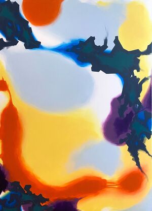 The canvas showcases swirls of orange, yellow, and purple, interspersed with bold dark shapes.