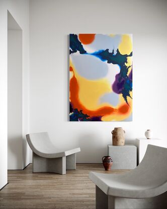 The canvas showcases swirls of orange, yellow, and purple, interspersed with bold dark shapes.