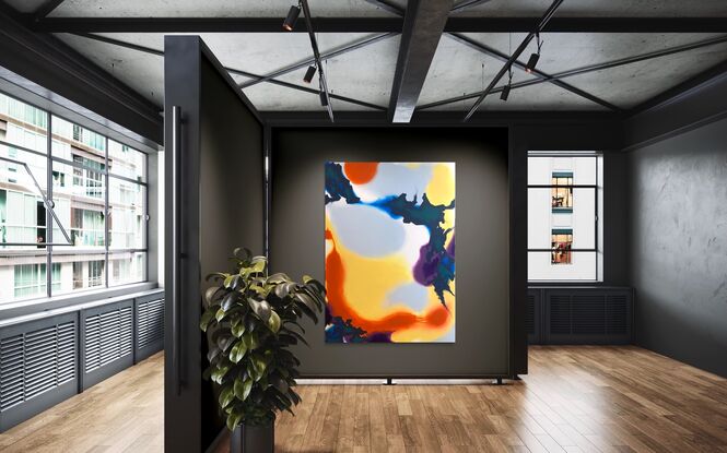 The canvas showcases swirls of orange, yellow, and purple, interspersed with bold dark shapes.