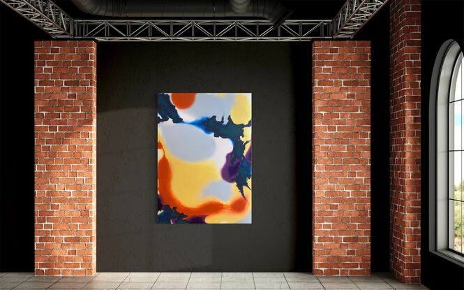 The canvas showcases swirls of orange, yellow, and purple, interspersed with bold dark shapes.