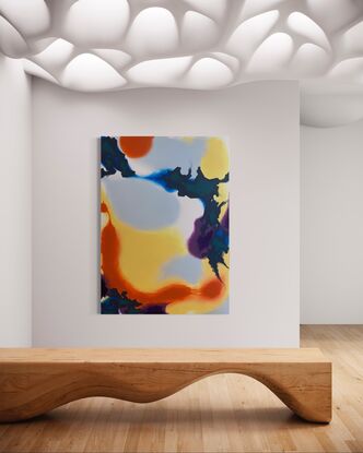 The canvas showcases swirls of orange, yellow, and purple, interspersed with bold dark shapes.